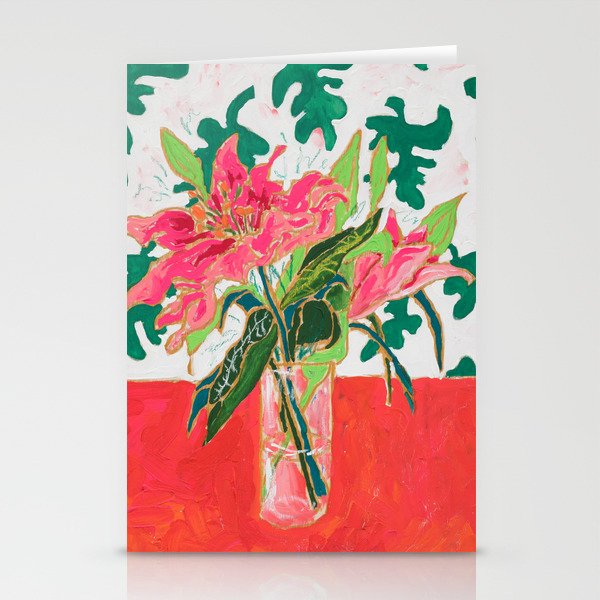 Tropical Lily Bouquet with Matisse Cutout Inspired Background Floral Still Life Painting Stationery Cards