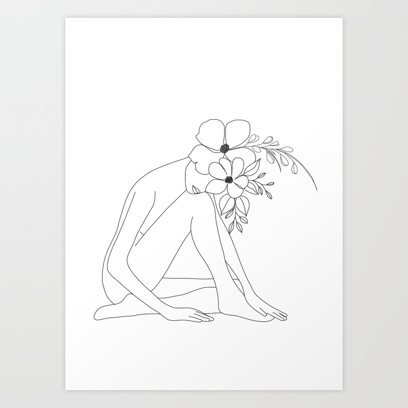 Minimal Line Art Nude Woman With Flowers Art Print By Nadja1 Society6,Vertical Black And White Lines Wallpaper