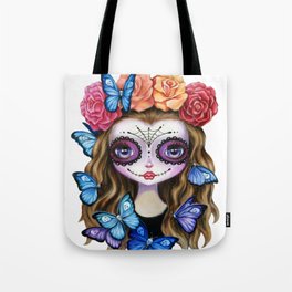 Sugar Skull Gil with Flower Crown and Butterflies Tote Bag
