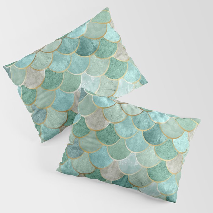 Moroccan Mermaid Fish Scale Pattern, Green and Gold Pillow Sham