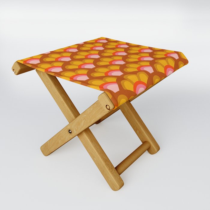 Flower Power Seigaiha Wave – Retro Ochre Folding Stool