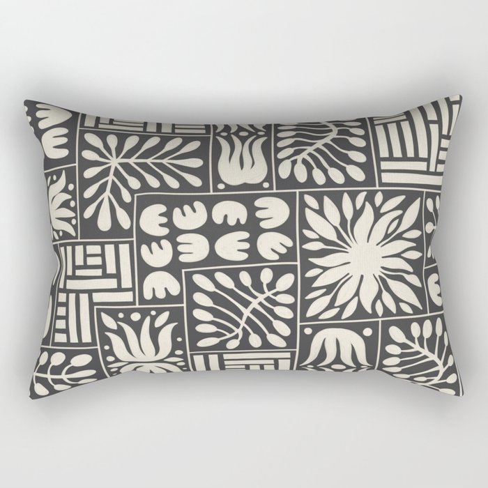 Stylized Floral Patchwork in Off White and Spade Black | Hand Drawn Pattern Rectangular Pillow