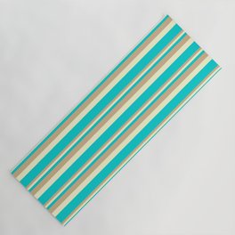 [ Thumbnail: Tan, Light Yellow, and Dark Turquoise Colored Lined Pattern Yoga Mat ]