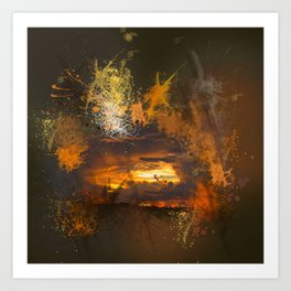 Exploding vibrant sunset Art Print | Unique, Bold, Nature, Cloud, Exploding, Splash, Mystical, Digital Design, Magical, Orange 