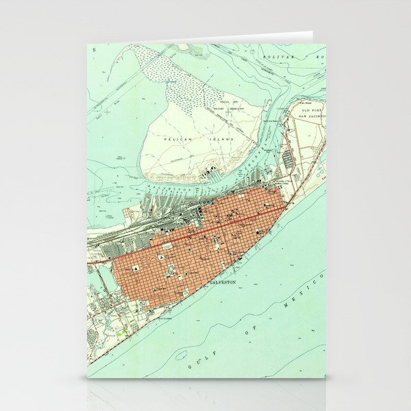 Vintage Map of Galveston Texas (1954) 3 Stationery Cards