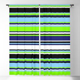 [ Thumbnail: Colorful Light Sky Blue, Chartreuse, Midnight Blue, White & Black Colored Striped/Lined Pattern Blackout Curtain ]