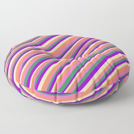 [ Thumbnail: Eyecatching Coral, Hot Pink, Sea Green, Dark Violet, and Tan Colored Pattern of Stripes Floor Pillow ]