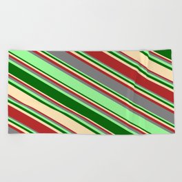 [ Thumbnail: Eyecatching Grey, Green, Dark Green, Beige, and Red Colored Lines Pattern Beach Towel ]