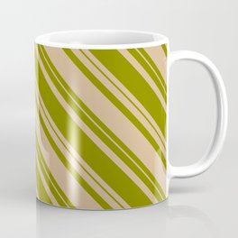 [ Thumbnail: Tan & Green Colored Striped/Lined Pattern Coffee Mug ]