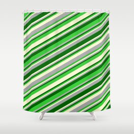 [ Thumbnail: Dark Gray, Dark Green, Lime Green & Light Yellow Colored Stripes/Lines Pattern Shower Curtain ]