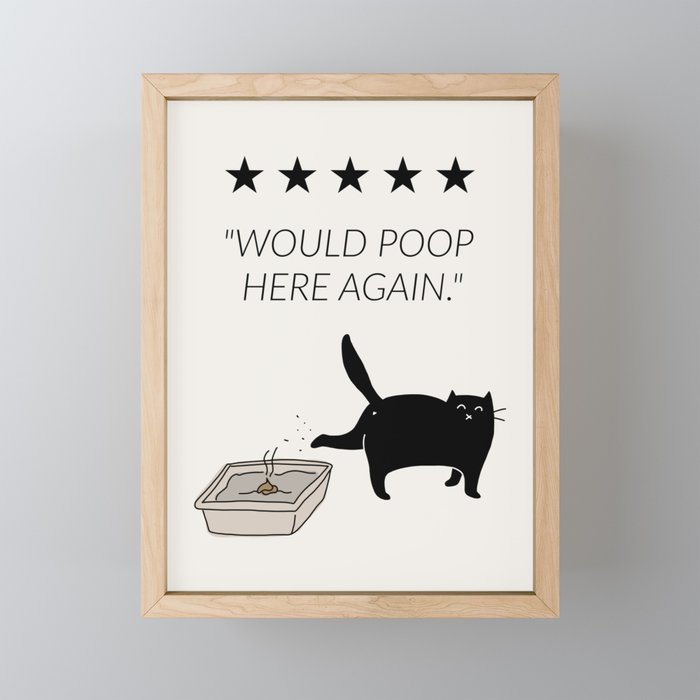 Would Poop Here Again - Black Cat - Funny Bathroom Decor Framed Mini Art Print