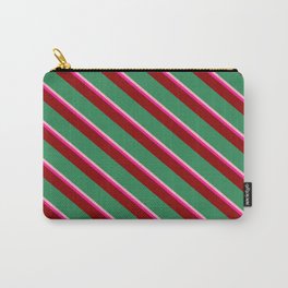 [ Thumbnail: Light Pink, Deep Pink, Dark Red & Sea Green Colored Striped Pattern Carry-All Pouch ]