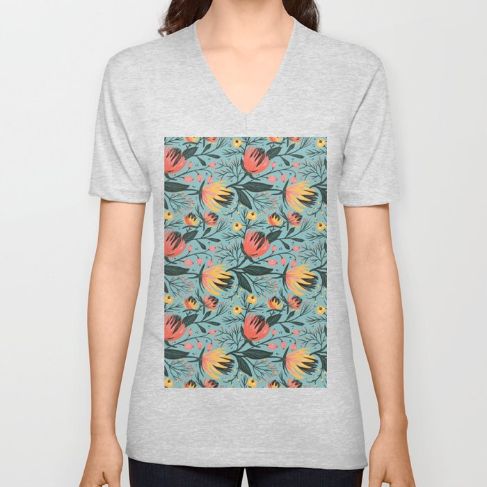 Bright Floral Print V Neck T Shirt