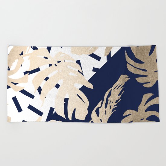 Simply Tropical Nautical Navy Memphis Palm Leaves Beach Towel