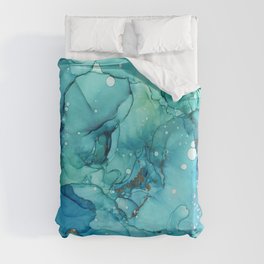 Teal Chrome Flowing Abstract Ink Duvet Cover