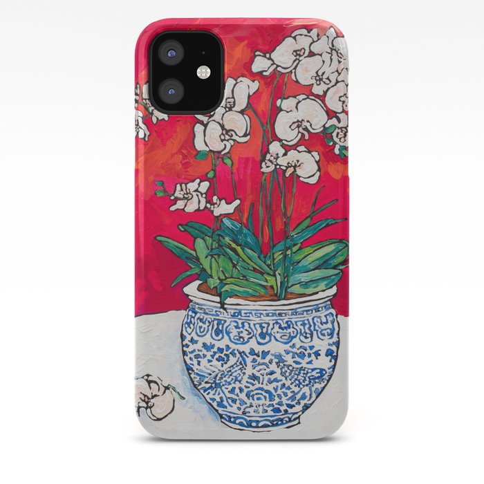 Orchid In Chinoiserie Bird Pot On Pink Coral And Red Background