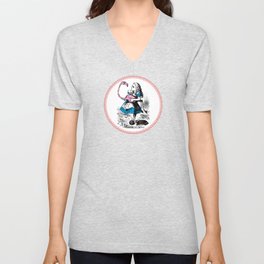 Alice in Wonderland | Alice Playing Croquet with a Flamingo and Hedgehogs | Pink Damask Pattern | V Neck T Shirt
