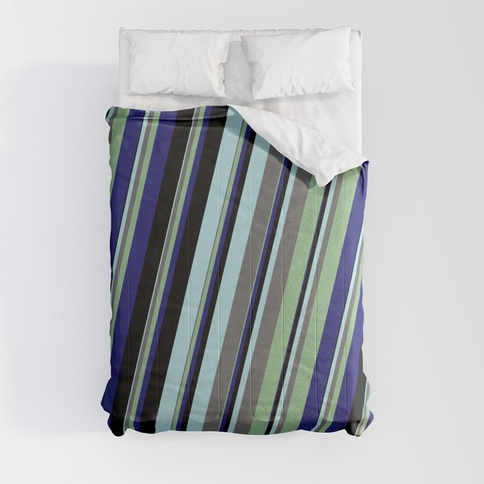 Powder Blue, Dim Gray, Dark Sea Green, Midnight Blue, and Black Colored Lines/Stripes Pattern Comforter