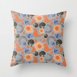 Orange Dinosaur (Blue BG) Throw Pillow