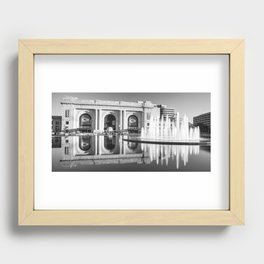 Football Banners And Kansas City Fountain Waters Panorama - Black and White Recessed Framed Print