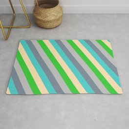 [ Thumbnail: Eyecatching Grey, Light Slate Gray, Turquoise, Beige & Lime Green Colored Stripes/Lines Pattern Rug ]