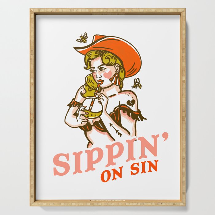 Sippin' On Sin Retro Cowgirl Serving Tray