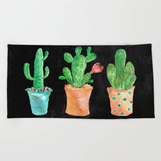 Three Green Cacti On Chalkboard Beach Towel