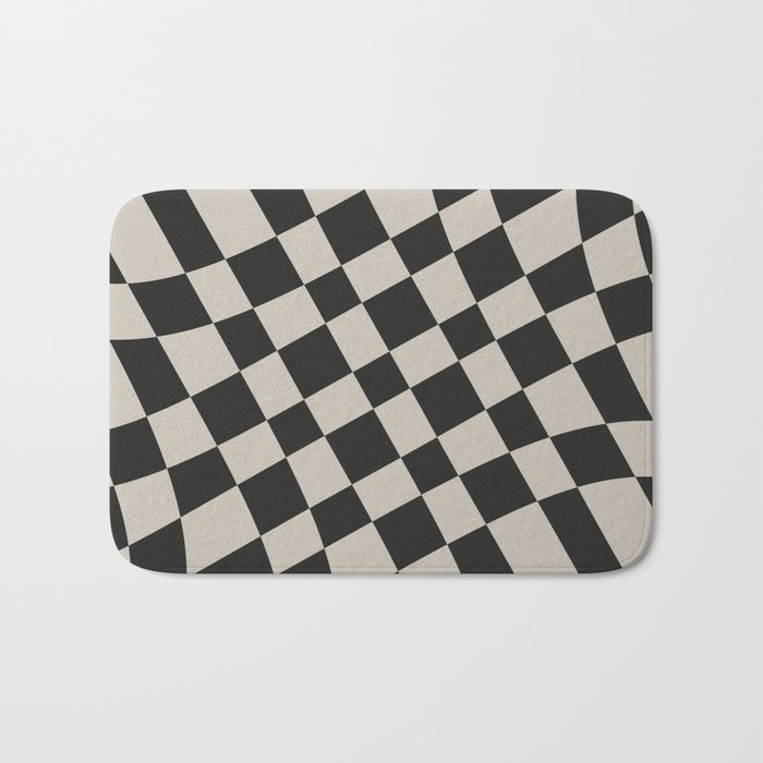 Abstract Warped Checkerboard pattern - Raisin Black and Pale Silver Bath Mat