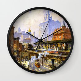  Elevated Subway at Chatham Square New York City landscape painting by Colin Campbell Cooper  Wall Clock
