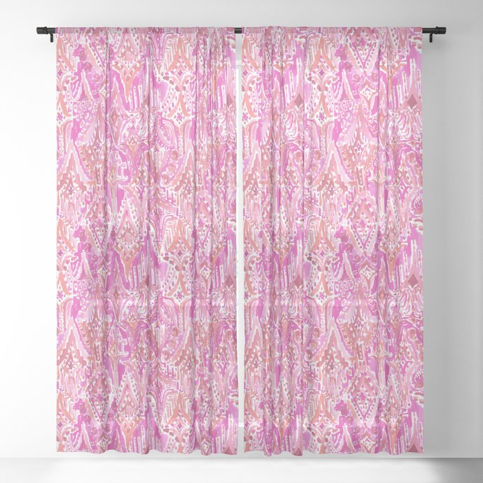 SUNSET DROPS OF WONDER Pink Ikat Watercolor Tribal Sheer Curtain