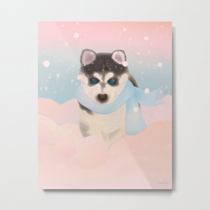 Husky Puppy in Snow Metal Print