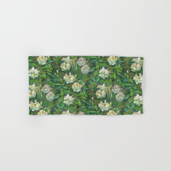"White roses, green leaves", pastel painting, floral art Hand & Bath Towel
