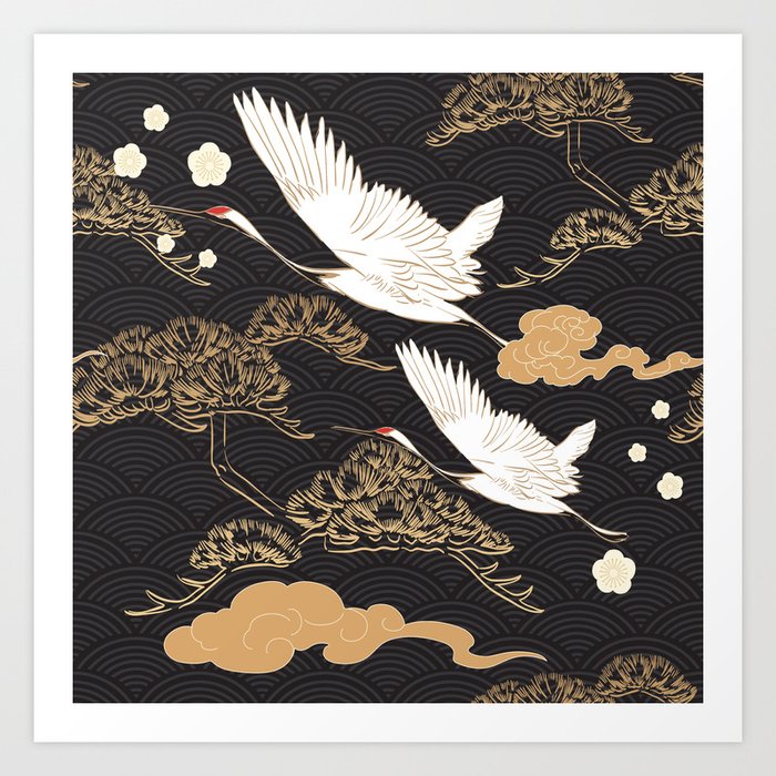 Japanese seamless pattern with crane birds and bonsai trees Art Print