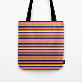 [ Thumbnail: Eye-catching Dark Goldenrod, Pink, Midnight Blue, Light Coral & Black Colored Stripes/Lines Pattern Tote Bag ]