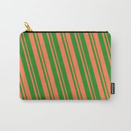 [ Thumbnail: Forest Green & Coral Colored Lines Pattern Carry-All Pouch ]