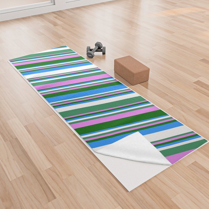 Vibrant Sea Green, Violet, Dark Green, Blue, and White Colored Stripes/Lines Pattern Yoga Towel