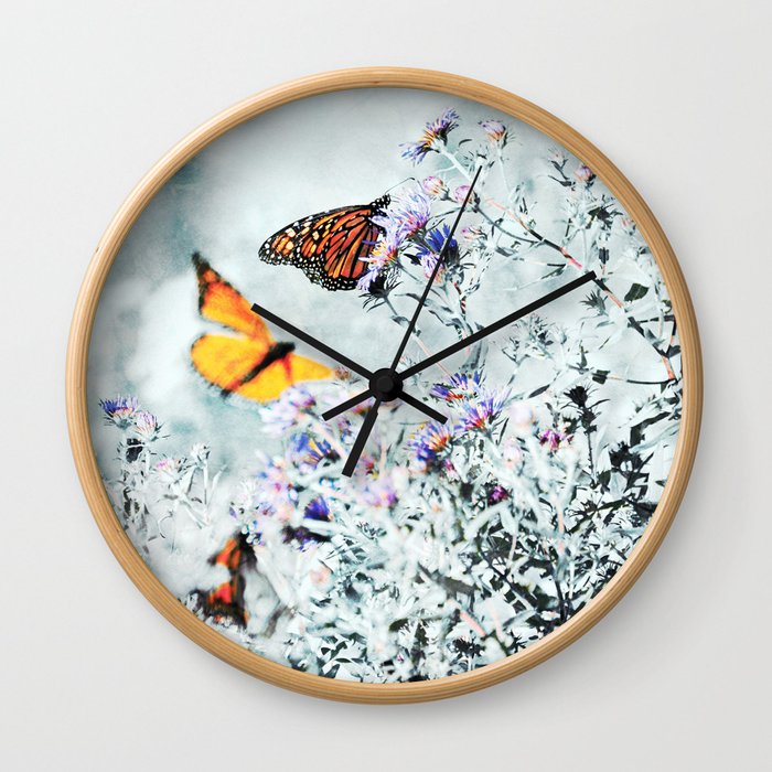 Monarch Butterflies and Purple Aster Flowers Teal Wall Clock