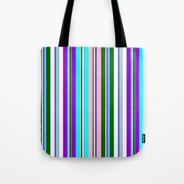 [ Thumbnail: Eye-catching Dark Violet, Cyan, Light Pink, Dark Green, and White Colored Lined Pattern Tote Bag ]