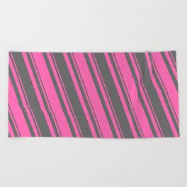 [ Thumbnail: Hot Pink and Dim Grey Colored Pattern of Stripes Beach Towel ]
