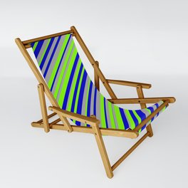 [ Thumbnail: Chartreuse, Blue, and Dark Gray Colored Lined Pattern Sling Chair ]