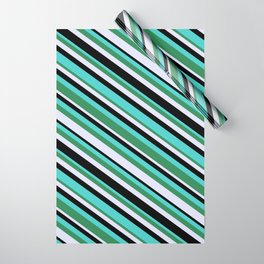 [ Thumbnail: Turquoise, Sea Green, Lavender & Black Colored Stripes Pattern Wrapping Paper ]