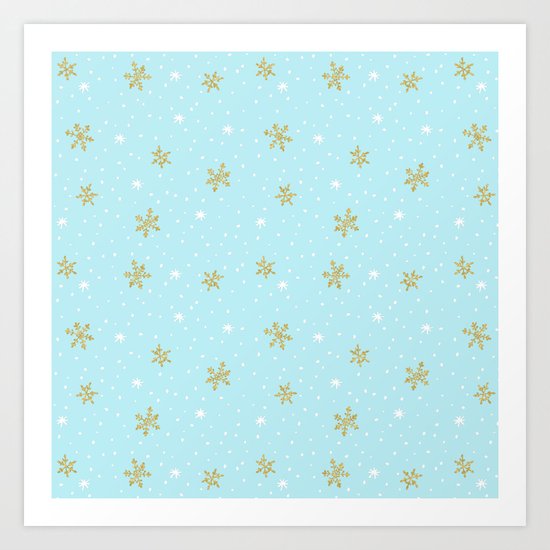 Merry christmas- abstract winter pattern with white & gold Snowflakes Art Print