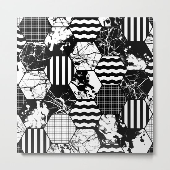 Hexual - Black and white, honeycomb, hexagon pattern, stripes, paint splats, grid and marble Metal Print