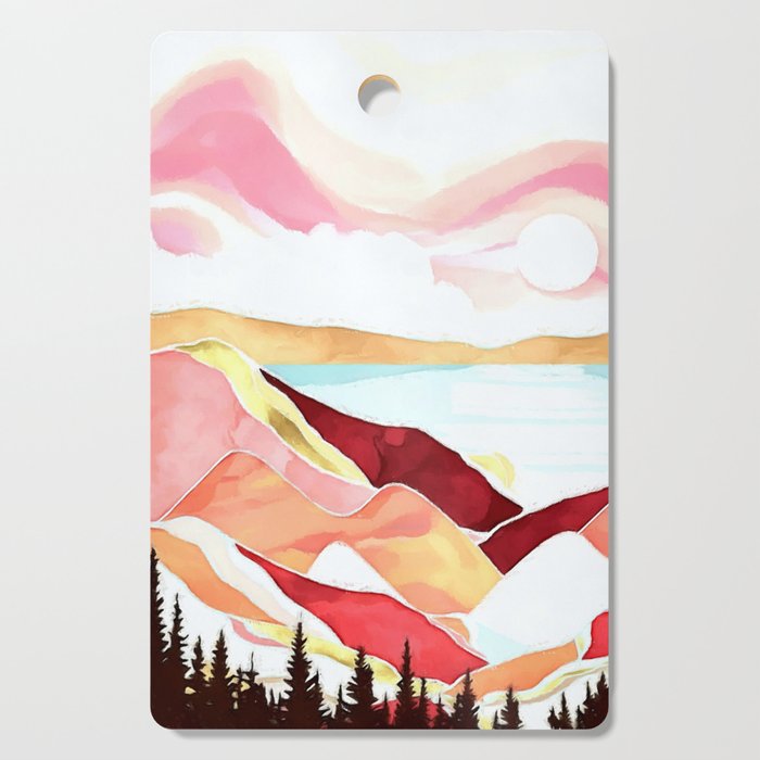Alpine mountain pink sunset watercolor landscape painting for home, bedroom, living room, and wall decor Cutting Board