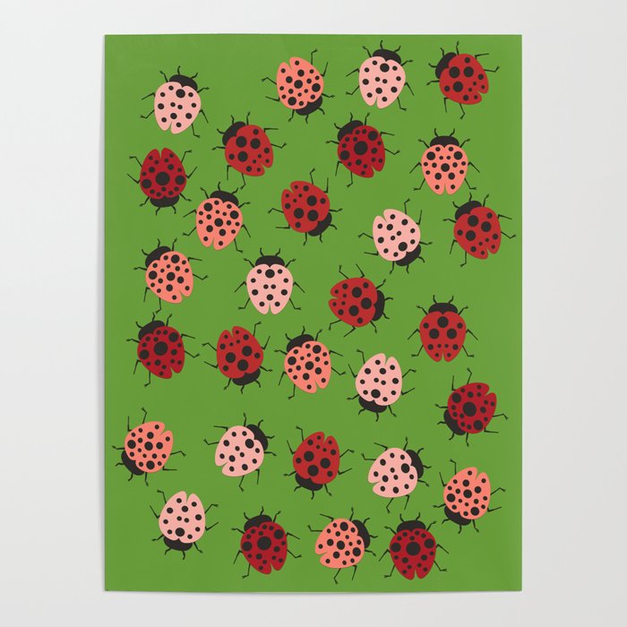 All over Modern Ladybug on Green Background Poster