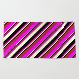 [ Thumbnail: Brown, Fuchsia, Light Yellow, and Black Colored Lines Pattern Beach Towel ]