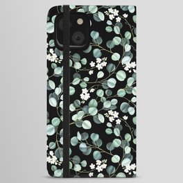 Seamless pattern with eucalyptus leaves and little white flowers iPhone Wallet Case