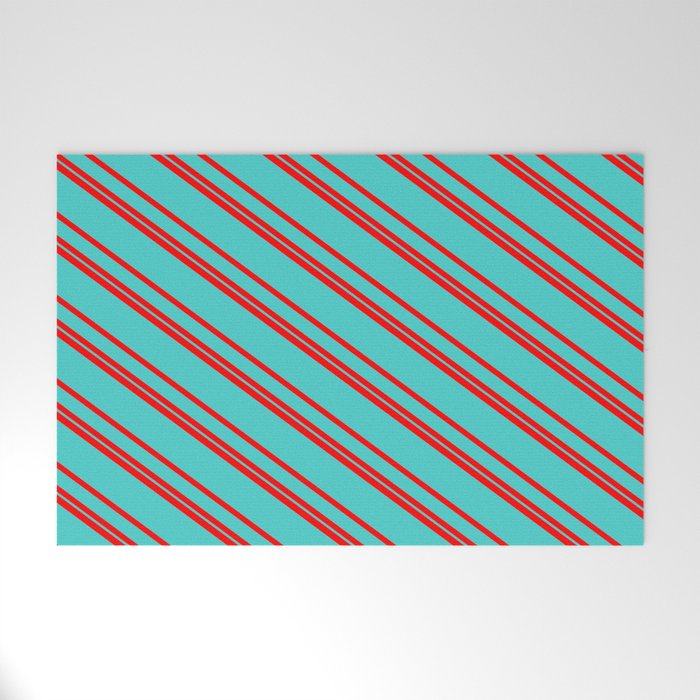 Red & Turquoise Colored Stripes/Lines Pattern Welcome Mat