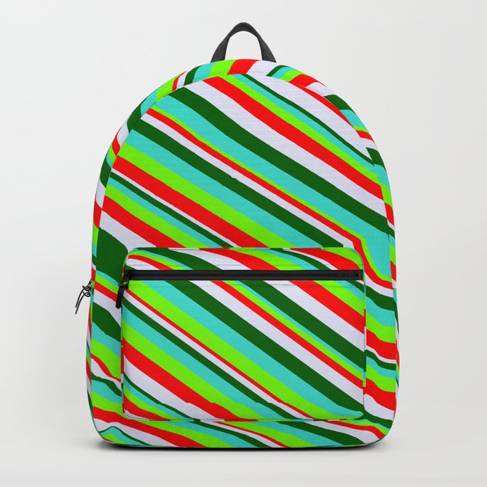 Vibrant Turquoise, Green, Red, Lavender & Dark Green Colored Lined/Striped Pattern Backpack