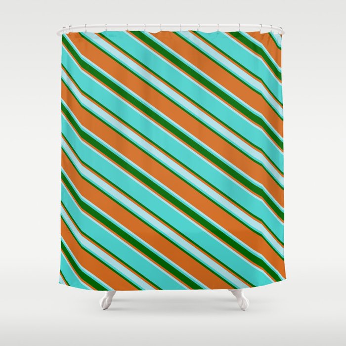 Turquoise, Dark Green, Chocolate & Powder Blue Colored Lines Pattern Shower Curtain
